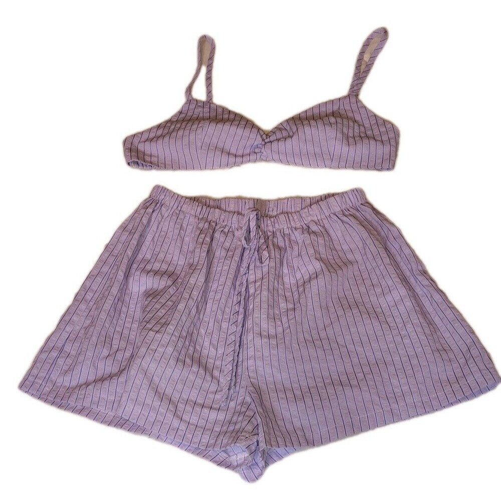 Lavender Seersucker Striped Two Piece Set L Cami Top Shorts Summer Lounge Casual